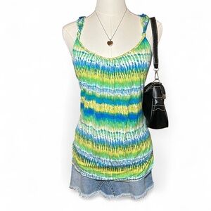 Y2K Tie-Dye Lace Tank Top in Blue & Green Boho Summer Festival